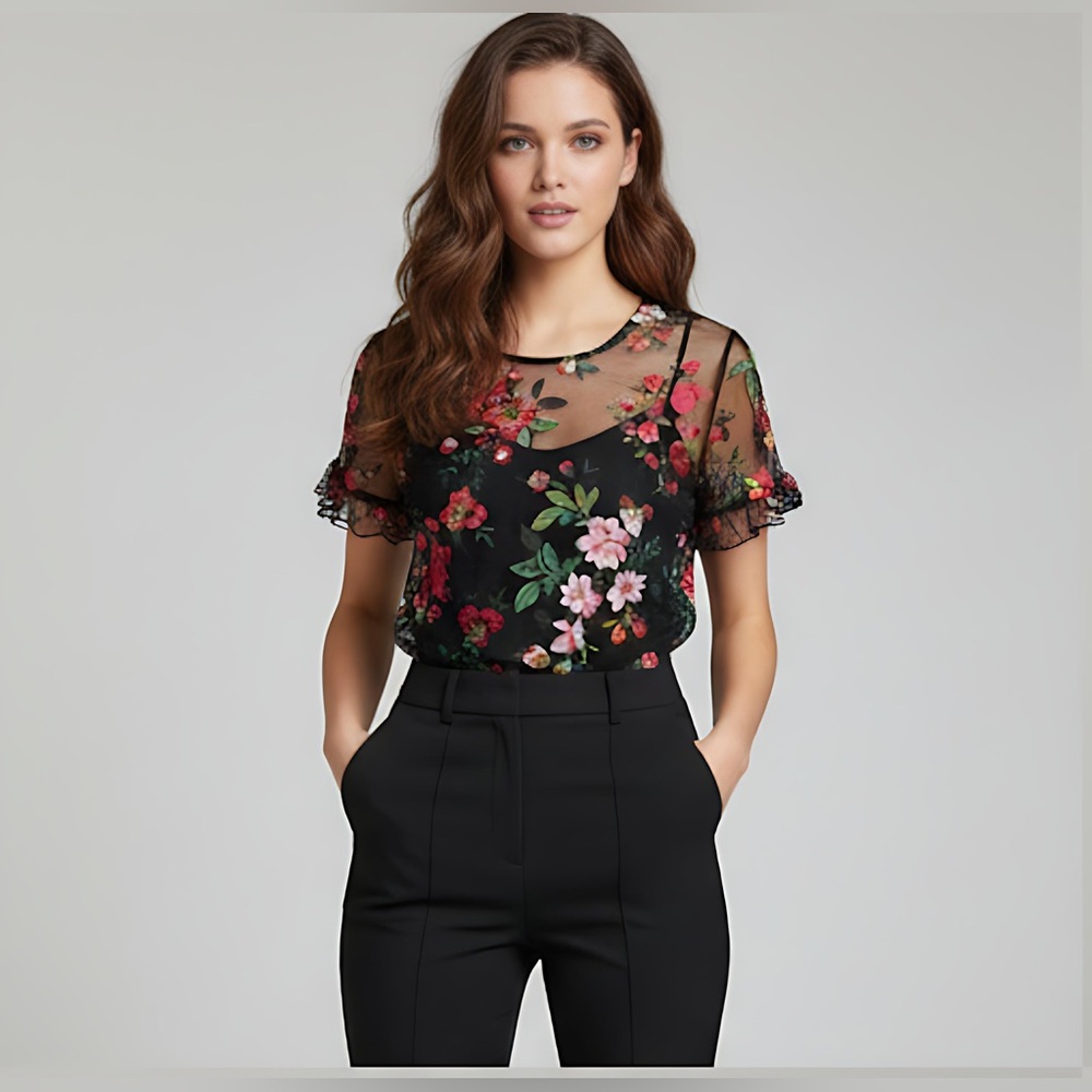 Floral Ruffle Cuff Embroidery Mesh Sheer Top